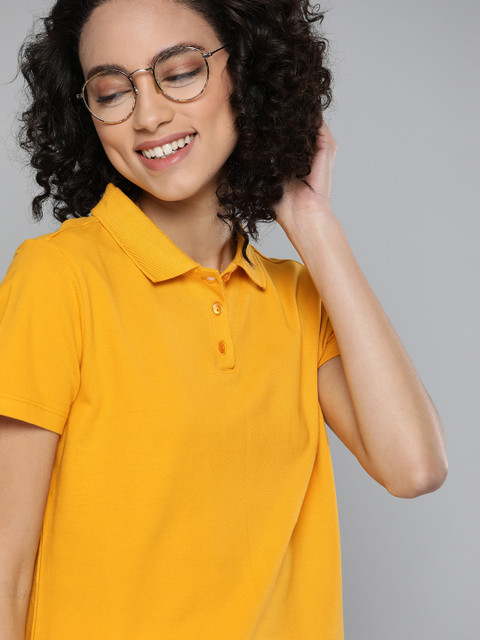 

Mast & Harbour Women Mustard Yellow Pure Cotton Solid Polo Collar T-shirt