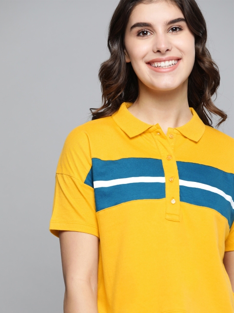 

Mast Harbour Women Mustard Yellow Blue Striped Pure Cotton Polo Collar Pure Cotton T-shirt