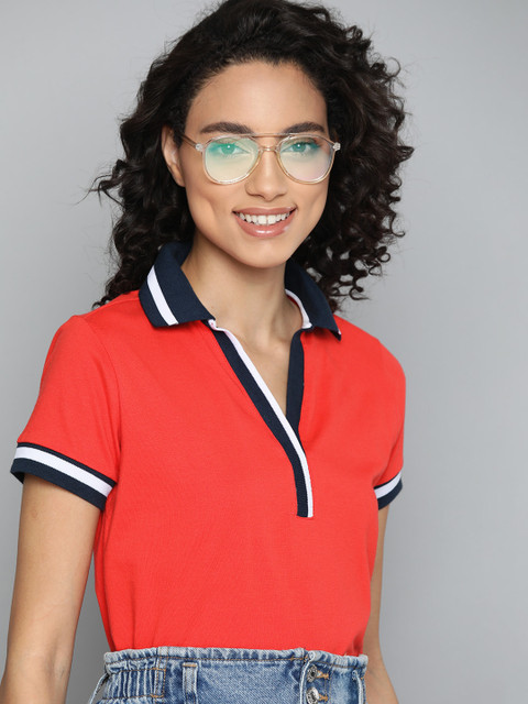 

Mast Harbour Women Red Pure Cotton Solid Polo Collar Pure Cotton T-shirt