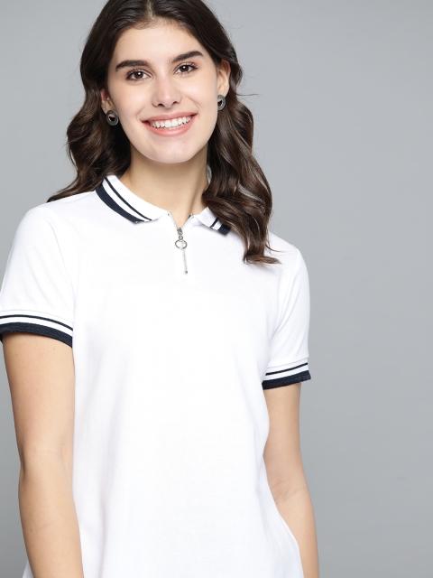 

Mast & Harbour Women White Solid Pure Cotton Polo Collar T-shirt