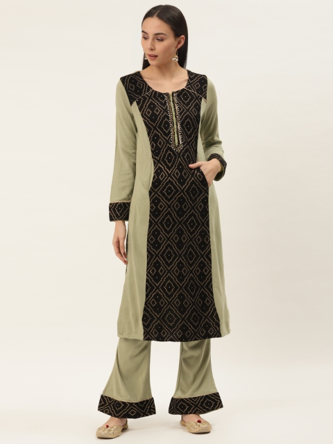 

Laabha Women Green & Black Printed Winter Kurta with Palazzos