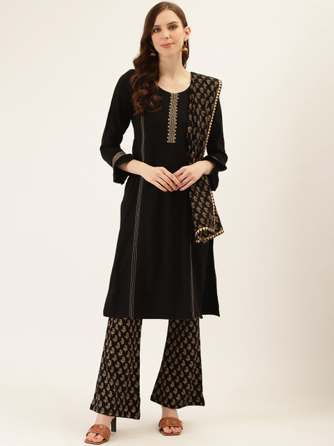 

Laabha Women Black & Golden Yoke Design Knitted Winter Kurta with Palazzos & Dupatta