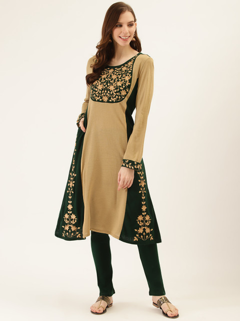 

Laabha Women Green & Beige Yoke Design Knitted Winter Kurta with Churidar