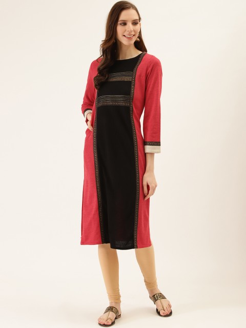 

Laabha Women Black & Red Colourblocked Straight Winter Kurta