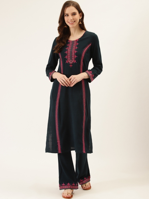 

Laabha Women Navy Blue & Pink Embroidered Knitted Winter Kurta with Palazzos