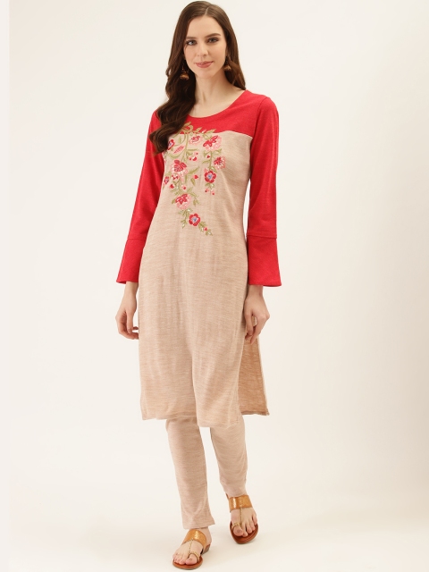 

Laabha Women Beige & Red Embroidered Knitted Winter Kurta with Trousers