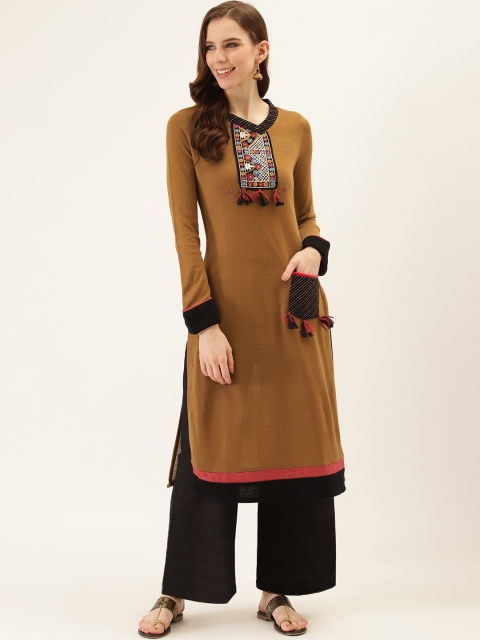 

Laabha Women Mustard Brown Yoke Design Straight Winter Kurta