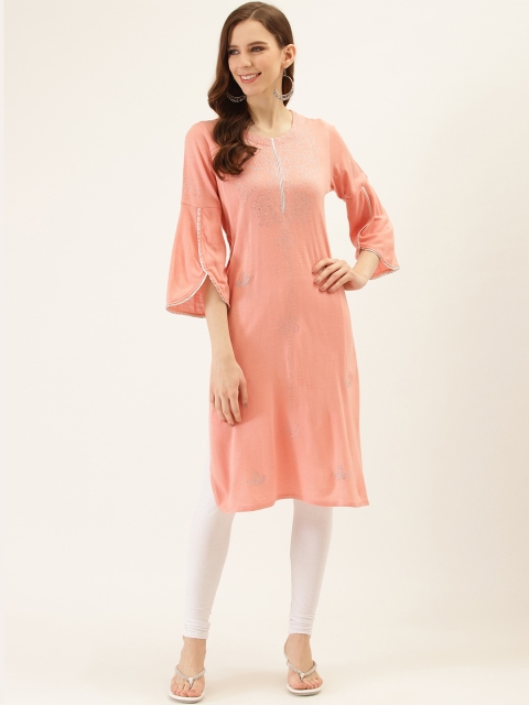 

Laabha Women Peach-Coloured Embellished Straight Winter Kurta