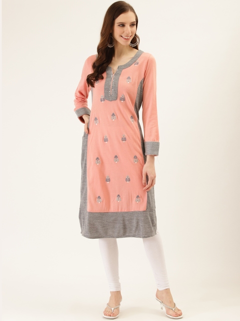 

Laabha Women Pink & Grey Embroidered Straight Winter Kurta