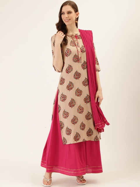 

Laabha Women Beige & Red Paisley Printed Kurta with Palazzos & Dupatta