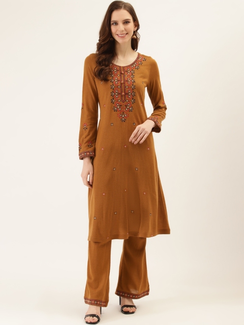 

Laabha Women Mustard Brown Embroidered Knitted Winter Kurta with Palazzos