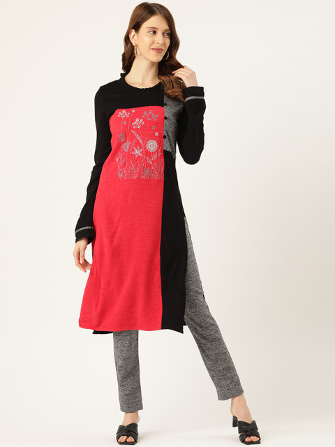 

Laabha Women Red & Grey Melange Colourblocked Kurta with Trousers