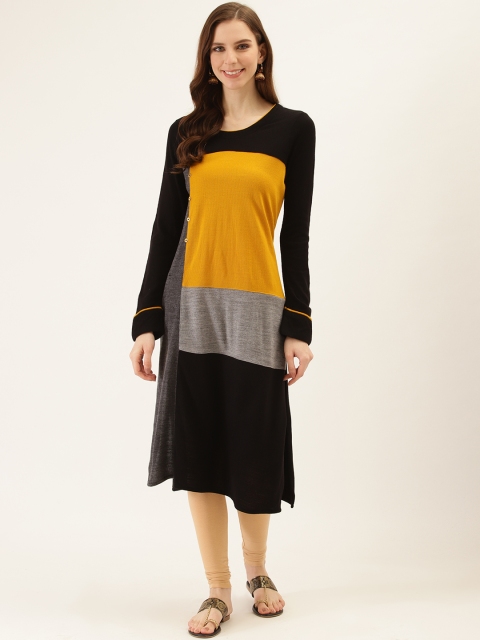 

Laabha Women Black & Yellow Colourblocked Straight Woollen Kurta