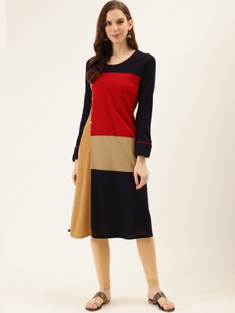 

Laabha Women Navy Blue & Red Colourblocked A-Line Winter Kurta