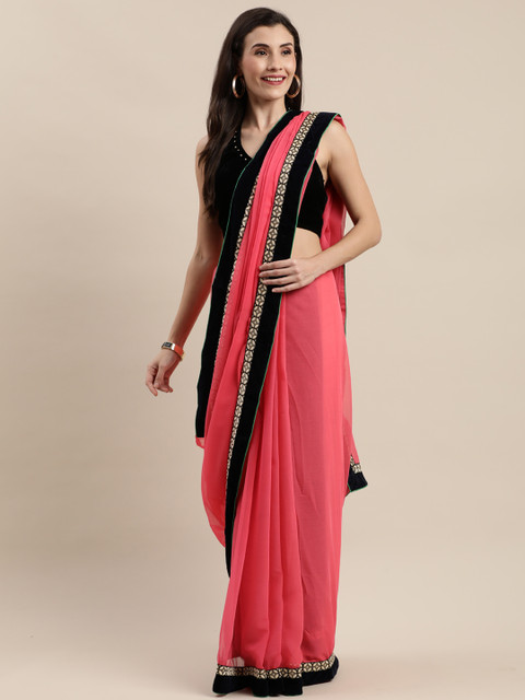 

Mitera Coral Pink Solid Poly Georgette Saree