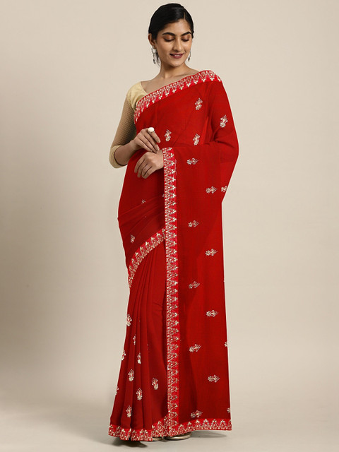 

KALINI Maroon Embellished Poly Chiffon Saree