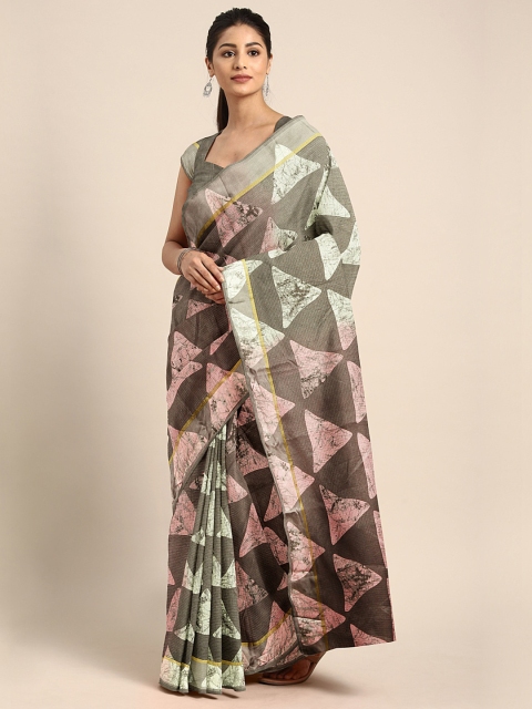 

KALINI Grey & Off-White Cotton Blend Woven Design Saree