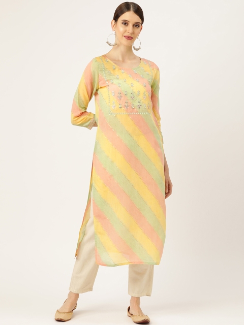 

Prakrti Women Yellow & Green Leheriya Print Straight Kurta