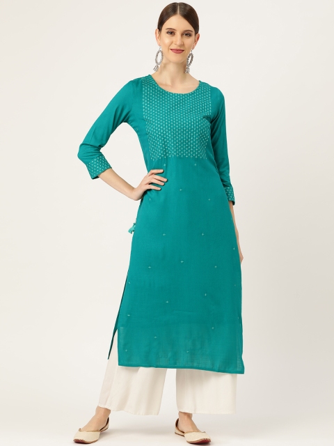 

Prakrti Women Teal Green Embroidered Straight Kurta