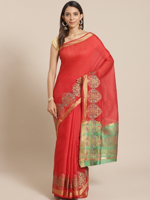 

Mitera Red & Green Solid Banarasi Saree