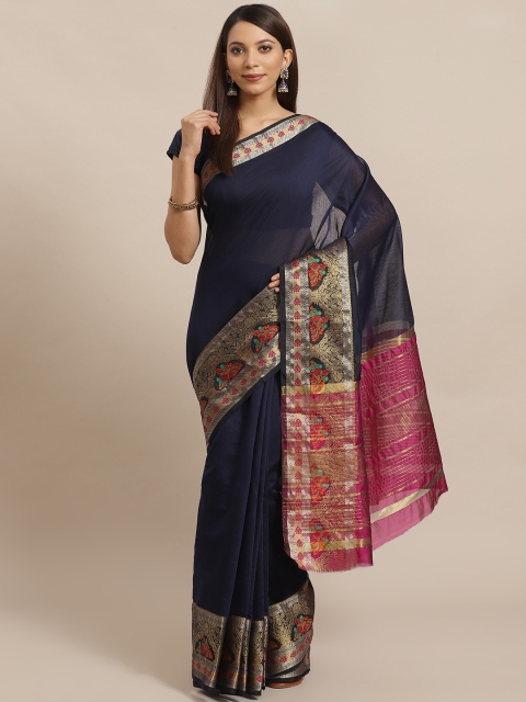 

Mitera Navy Blue Solid Banarasi Saree