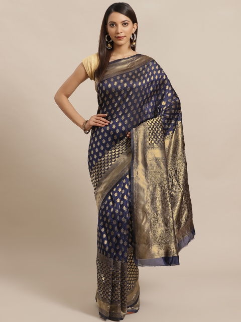 

Mitera Navy Blue & Golden Zari Ethnic Motifs Woven Design Banarasi Saree