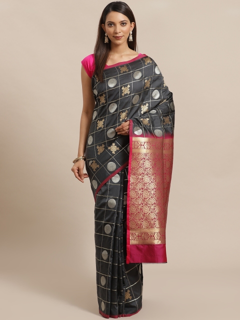 

Mitera Charcoal Grey & Silver Zari Ethnic Motifs Woven Design Banarasi Saree