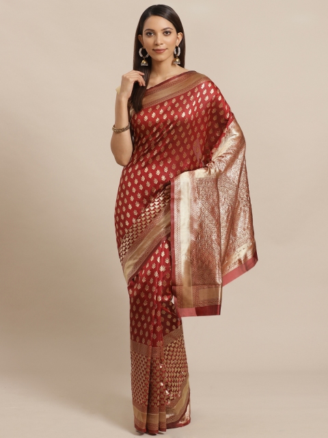 

Mitera Maroon & Golden Zari Ethnic Motifs Woven Design Banarasi Saree