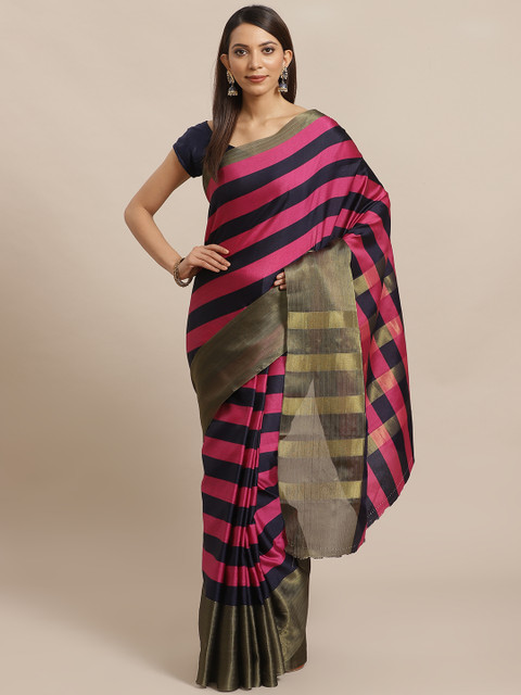 

Mitera Pink & Navy Blue Striped Banarasi Saree