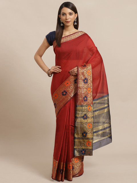 

Mitera Maroon & Golden Solid Banarasi Saree