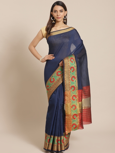 

Mitera Navy Blue Solid Banarasi Saree