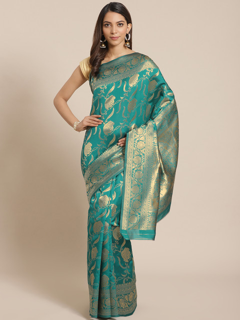 

Mitera Teal Green & Golden Zari Woven Design Banarasi Saree