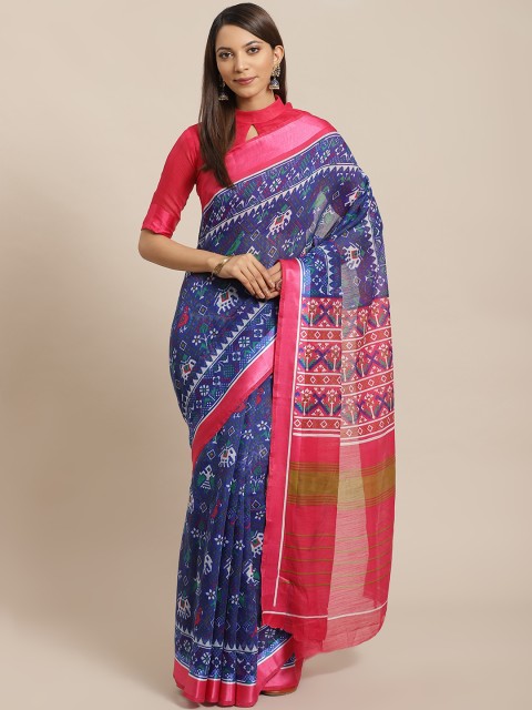 

Saree mall Blue & Pink Linen Blend Bandhani Print Saree