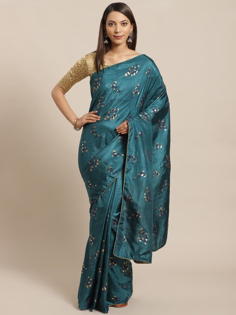 

Saree mall Teal & Green Floral Printed Satin Finish Saree