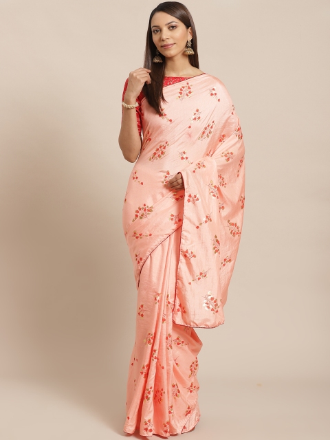 

Saree mall Peach-Coloured & Golden Floral Foil Print Saree