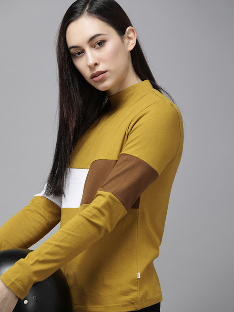 

Roadster Women Mustard Yellow & White Colourblocked High Neck T-shirt