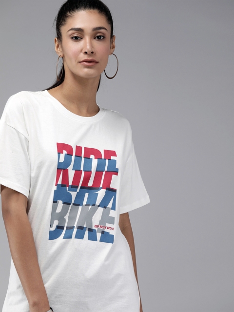 

Roadster Women White Printed Round Neck Longline T-shirt