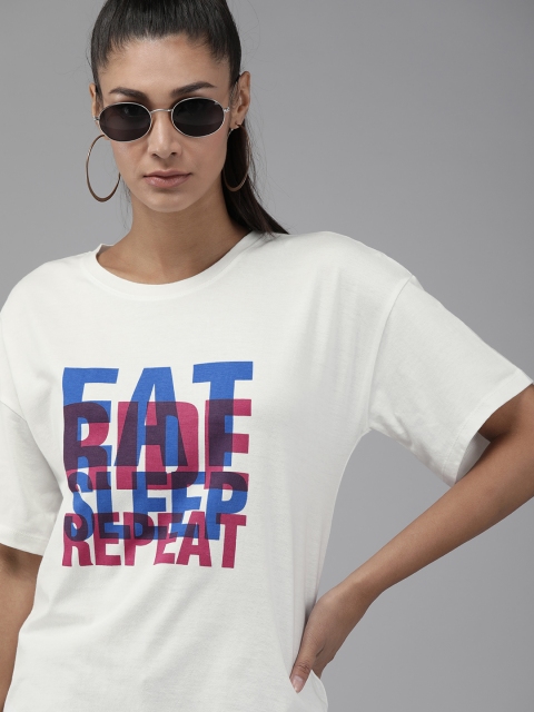 

Roadster Women White & Blue Printed Round Neck T-shirt