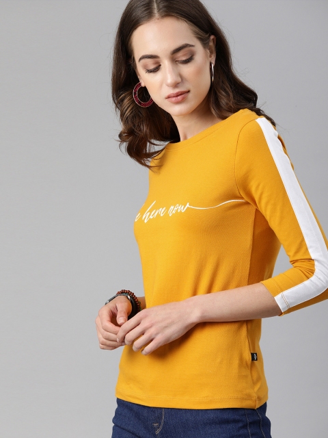 

Roadster Women Mustard Yellow Typography Printed T-shirt