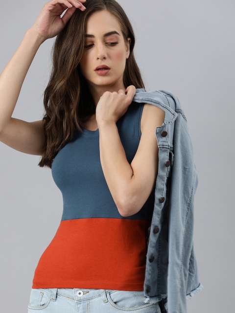

Roadster Women Blue & Red Colourblocked Regular Top