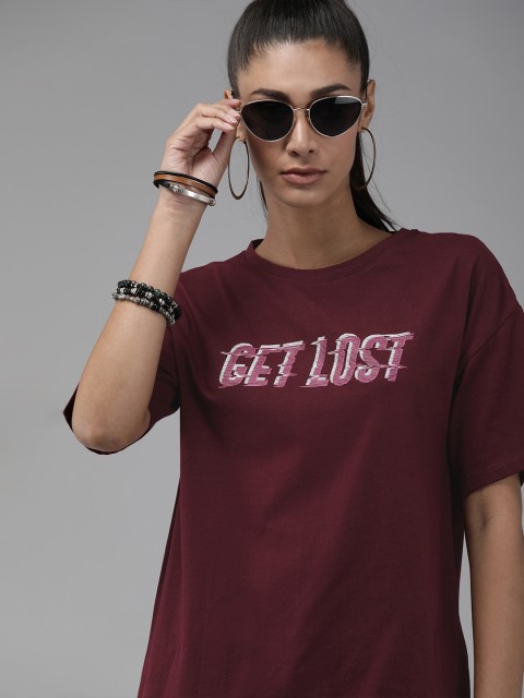 

Roadster Women Burgundy Printed Round Neck T-shirt