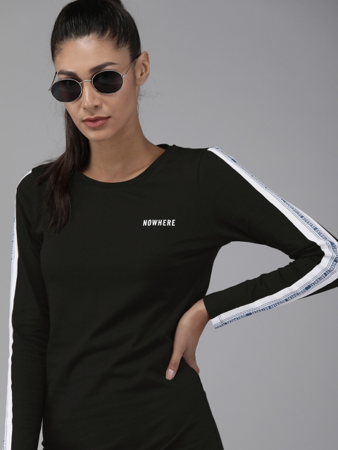 

Roadster Women Black Striped T-shirt Dress