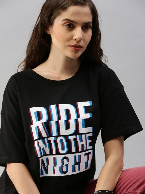 

Roadster Women Black Printed Round Neck T-shirt