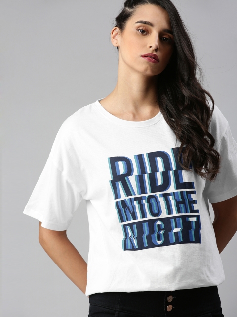 

Roadster Women White Printed Round Neck Pure Cotton T-shirt
