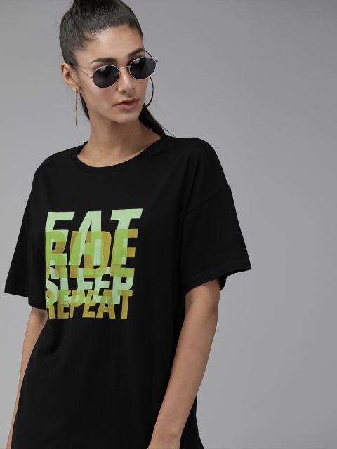 

Roadster Women Black Printed Round Neck Longline T-shirt