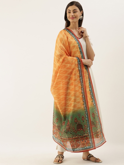 

aamna Orange & Green Kalamkari Printed Dupatta