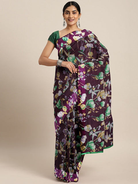 

KALINI Purple Floral Printed Linen Blend Saree