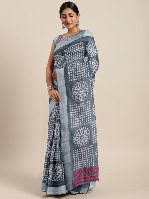 

KALINI Grey & White Linen Blend Printed Saree