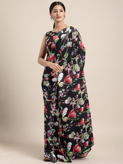 

KALINI Black & Red Linen Blend Floral Printed Saree
