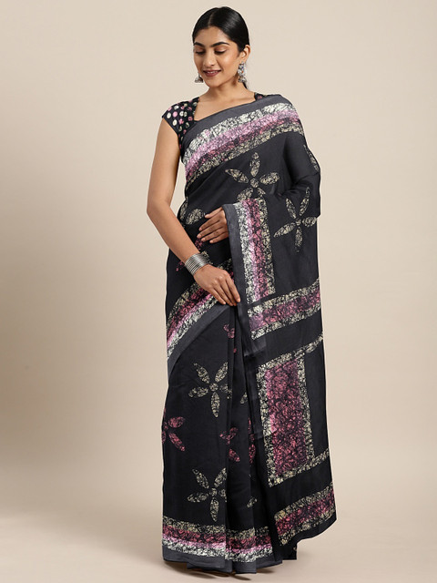

KALINI Black & Pink Linen Blend Printed Saree
